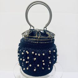 Vintage 1940’s Starburst Metal Frame With Pearl Beads Blue Crochet Handbag, READ