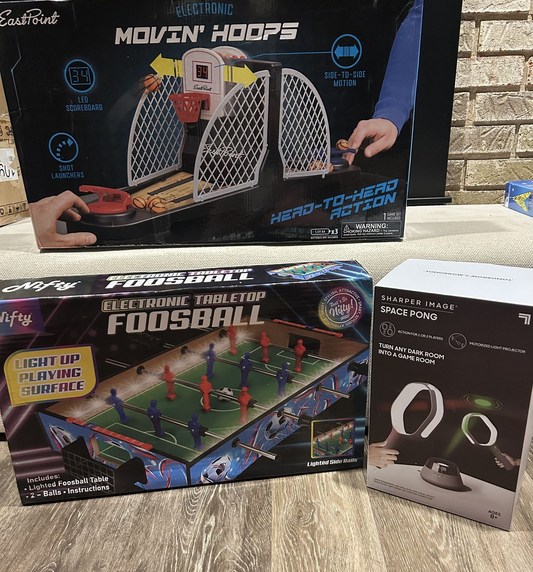 3 Table Top Games.. Basketball, Fooseball, Space Pong