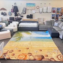 Sea Shells Outdoor/Indoor Area Rug, Gold/Blue, 9'10" x 12'5", New 