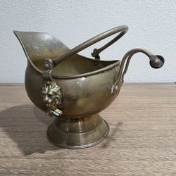 Vintage Brass Coal Scuttle Bucket Blue Delft Handle Lion Head Fireplace Decor