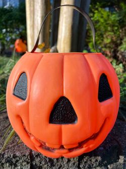 1960s-1970s 9” AJ Renzi Pumpkin Candy Pail-3D 2-Sided-Vintage Halloween Blow Mold