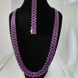 Premium Iced Out 22" 12mm Purple Cuban Link Chain With 9" Matching Bracelet