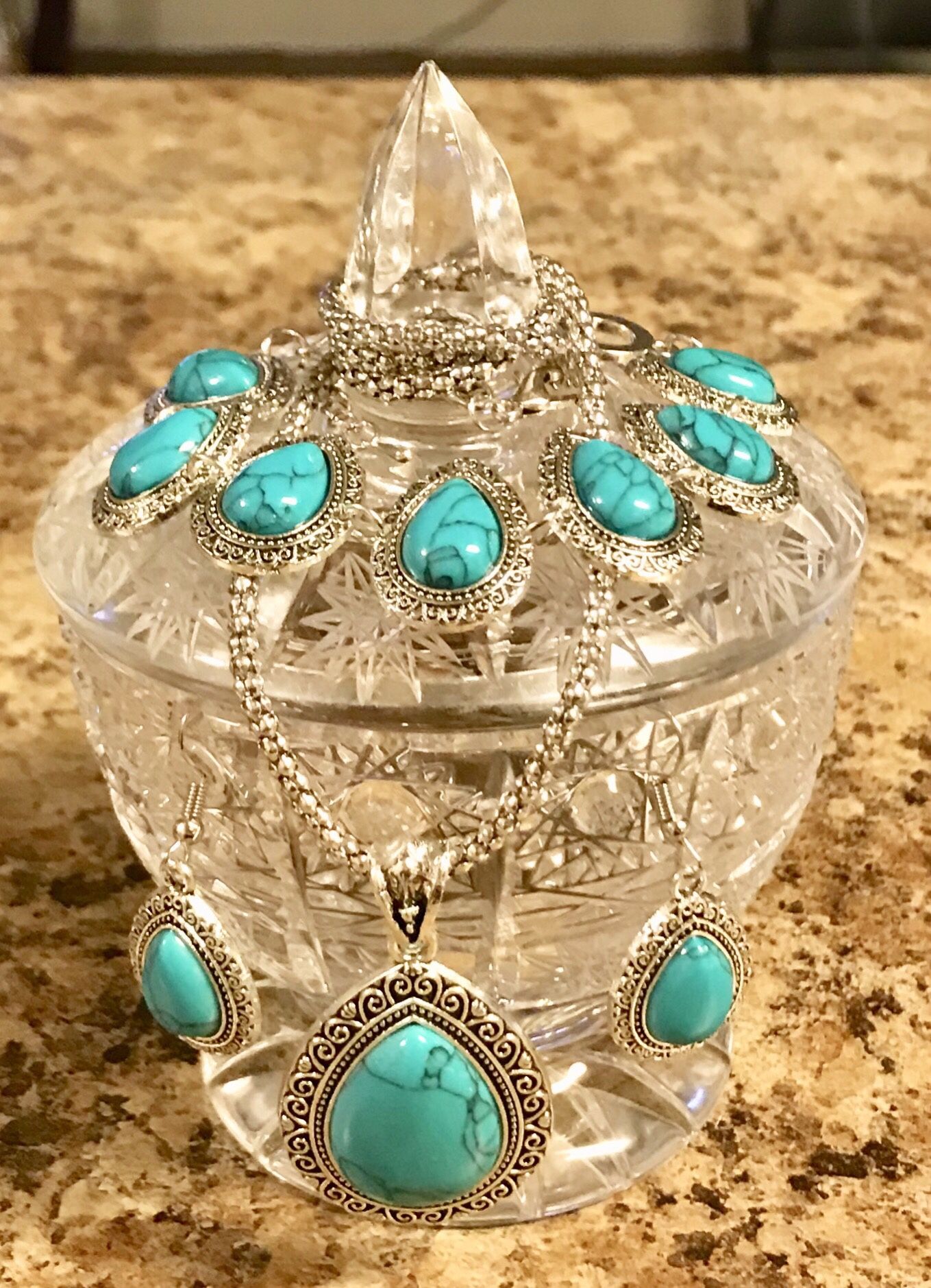Vintage silver color turquoise jewelry set