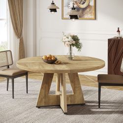 Round Dining Table for 4, 47" Wooden Kitchen Table Farmhouse Dinner Table