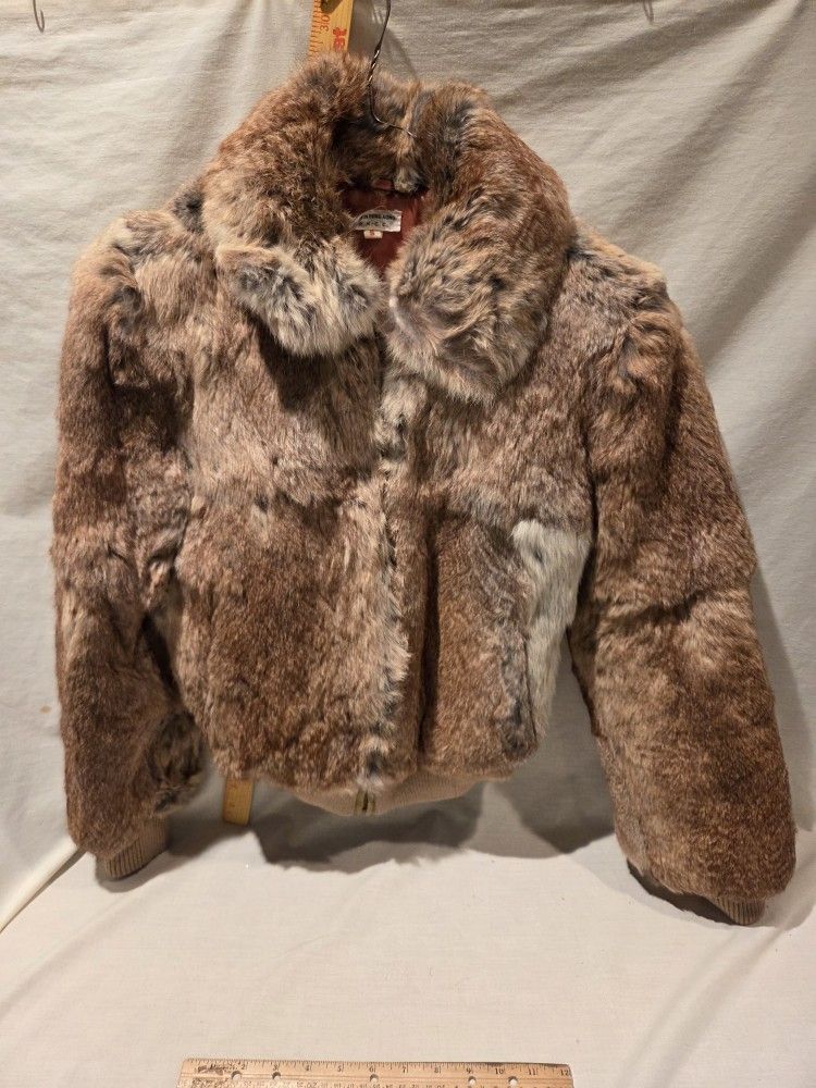 "France Real Rabbit Fur " VTG 1980's Short Women's Coat, Sz Small, Brown/ Tan