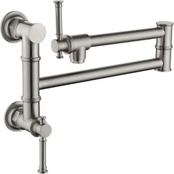 Modern brass pot filler faucet: Wall mount, double joint swing arm, two handles.