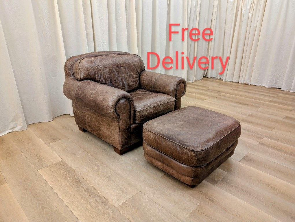 Plunkett Furniture Top Grain Leather Chair and Ottoman Free Delivery