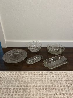 Vintage 5-Piece Mid-Century Clear Pressed Glass Serving Ware Set