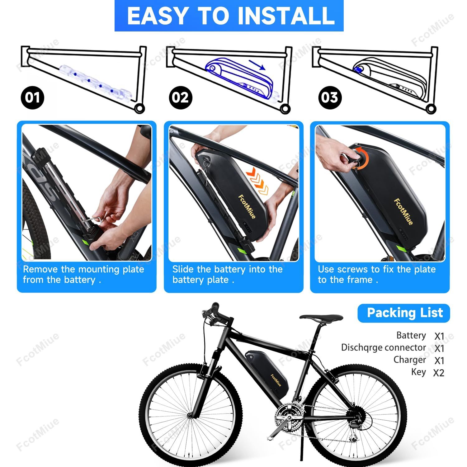 36V 10Ah Ebike Battery DP-5 Downtube Lithium-Ion Batteries 5Pin for 250W 350W 500W Electric Bicycle Motor Conversion kit