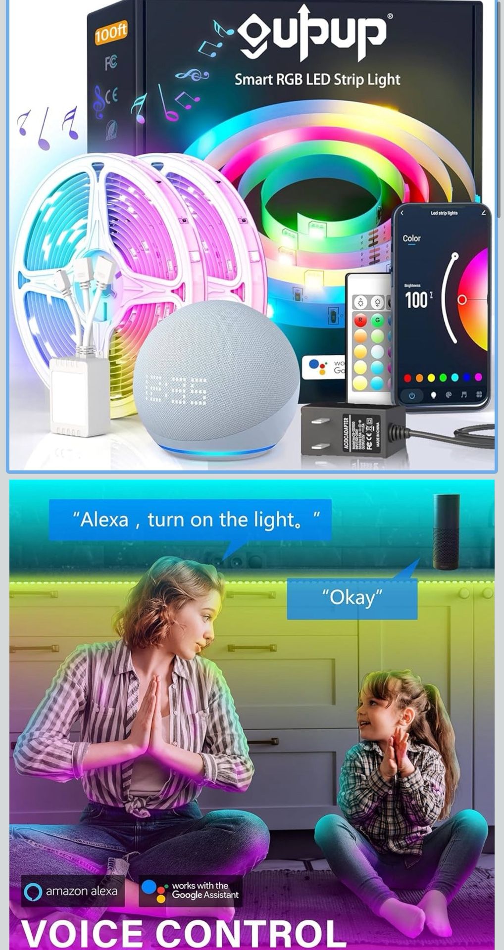 GUPUP Smart WiFi Led Lights 100 ft, Compatible with Alexa and Google Assistant Devices, Voice Control, Music Sync Color Changing Strip Lighting