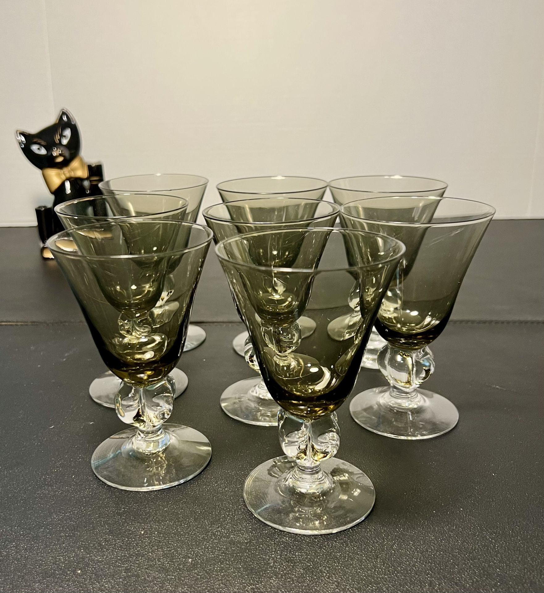Swedish Crystal 1960s Ingrid Gulli 8 Smoky Lobed Stem Cordial Liquor Glasses, 3x4.5”