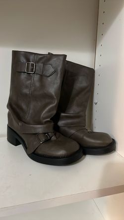 Brown Leather Moto Mid-Calf Boots