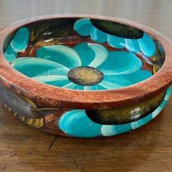 Vintage Hand-Painted Tropical Floral Wooden Bowl - 12”