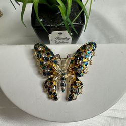 Multicolor Enamel Rhinestone Butterfly Brooch Gold Plated