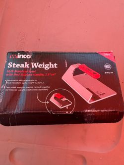 Winco steak weight 2lbs stainless steel with red silicone handle