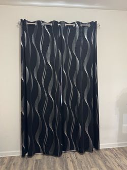Black & Silver Grommet Curtain Panels + Decorative Rod Set