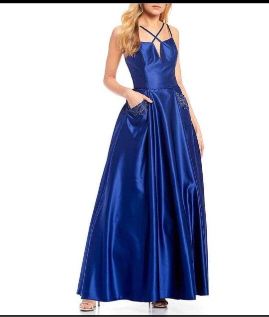 Blondie Nites By Stacy Sklar Spaghetti Strap X-Front Embellished Pocket Satin Blue Prom Dress 