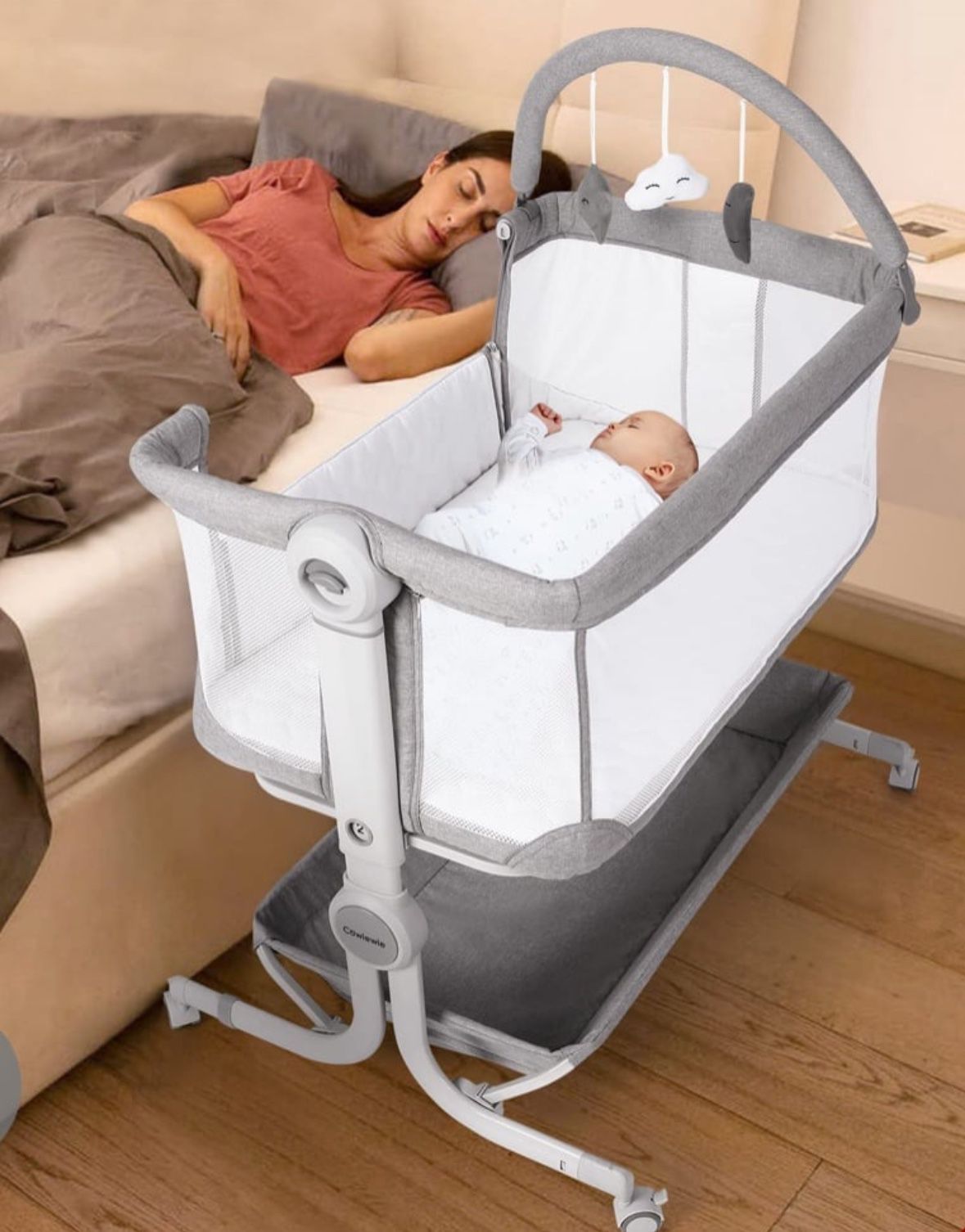 Cowiewie Baby Bassinet 2-1 Beside Sleeper With Wheels & Hanging Toys For Baby Foldable - Handbag Can Be Stored Or Carried Out Quilted Mattress  Open b
