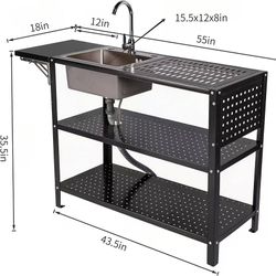 55-inch outdoor stainless steel sink workstation with a foldable side table, three-tier storage rack, full-hole drainage.