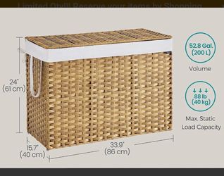 SONGMICS 160L Laundry Hamper w/ Lid Synthetic Rattan Foldable - Natural