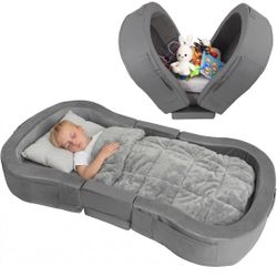 Foldable Toddler Travel Bed Portable Floor Bed with Washable Cover Kids Camping Hotel Grey