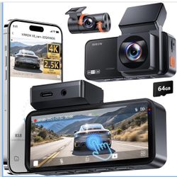 Dash Cam Front and Rear: 4K+2.5K Dash Camera for Cars with Touch Screen 3.39" - Dashcam with WiFi APP Control 64GB Parking Mode Night Vision Loop Reco