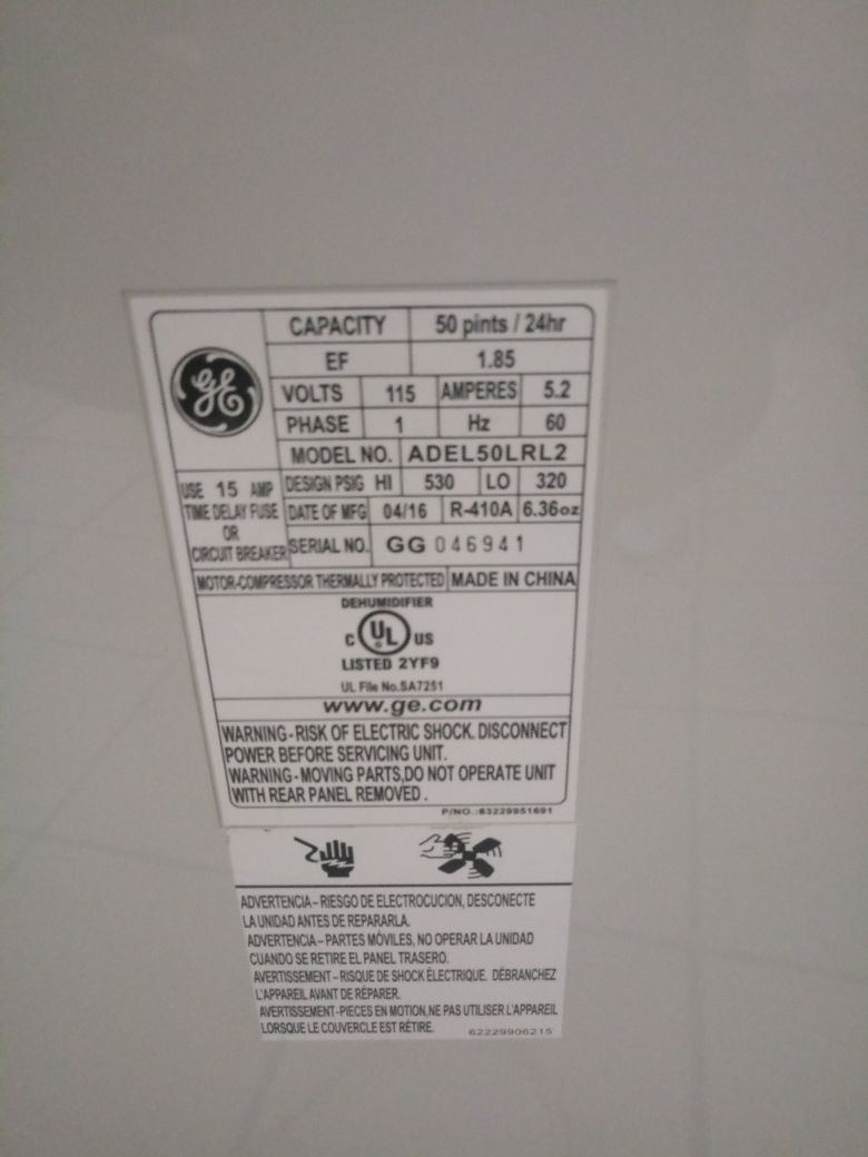 Ge Dehumidifier Model; ADEL50LRL2 for Sale in Moreno Valley, CA OfferUp