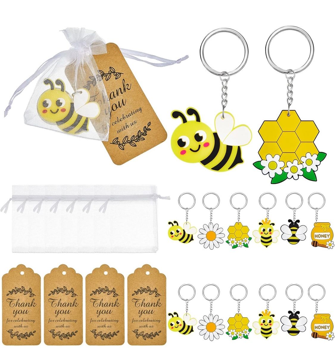 Cute Bee Keychain Party Goodie Bag Gifts Favor Kit with Cute Bee Keychains White Organza Bags and Thank You Kraft Tags for Kids Bee Day Theme Birthday