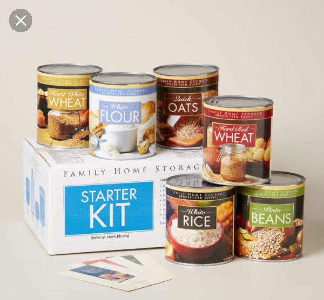 Family home storage starter kit. 30 year shelf life. $8 per can.