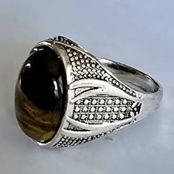 SMOKY TOPAZ QUALITY TITANIUM ENGRAVED SILVER MEN'S NEW SIZE 10 STATEMENT RING