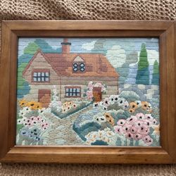 Vintage Framed Needlepoint Cottage Scene