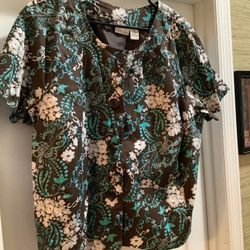 Kim Rogers Flower Print Button Down Top (Size: 1X)