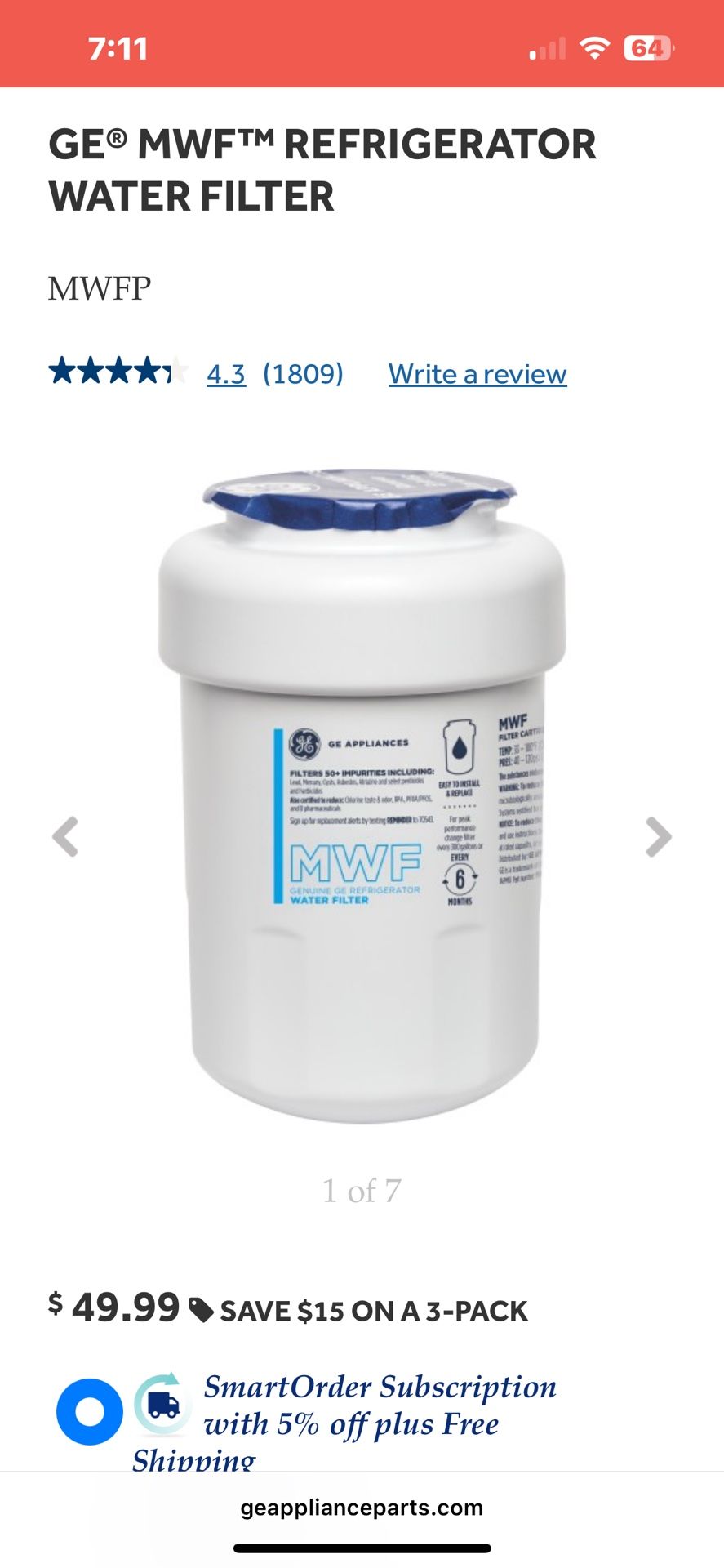 GE Refrigerator Water Filters 2pk - MWF $70