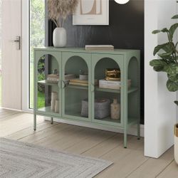 Chloe Metal Accent Cabinet With 3 Arched Glass Doors, Pale Green