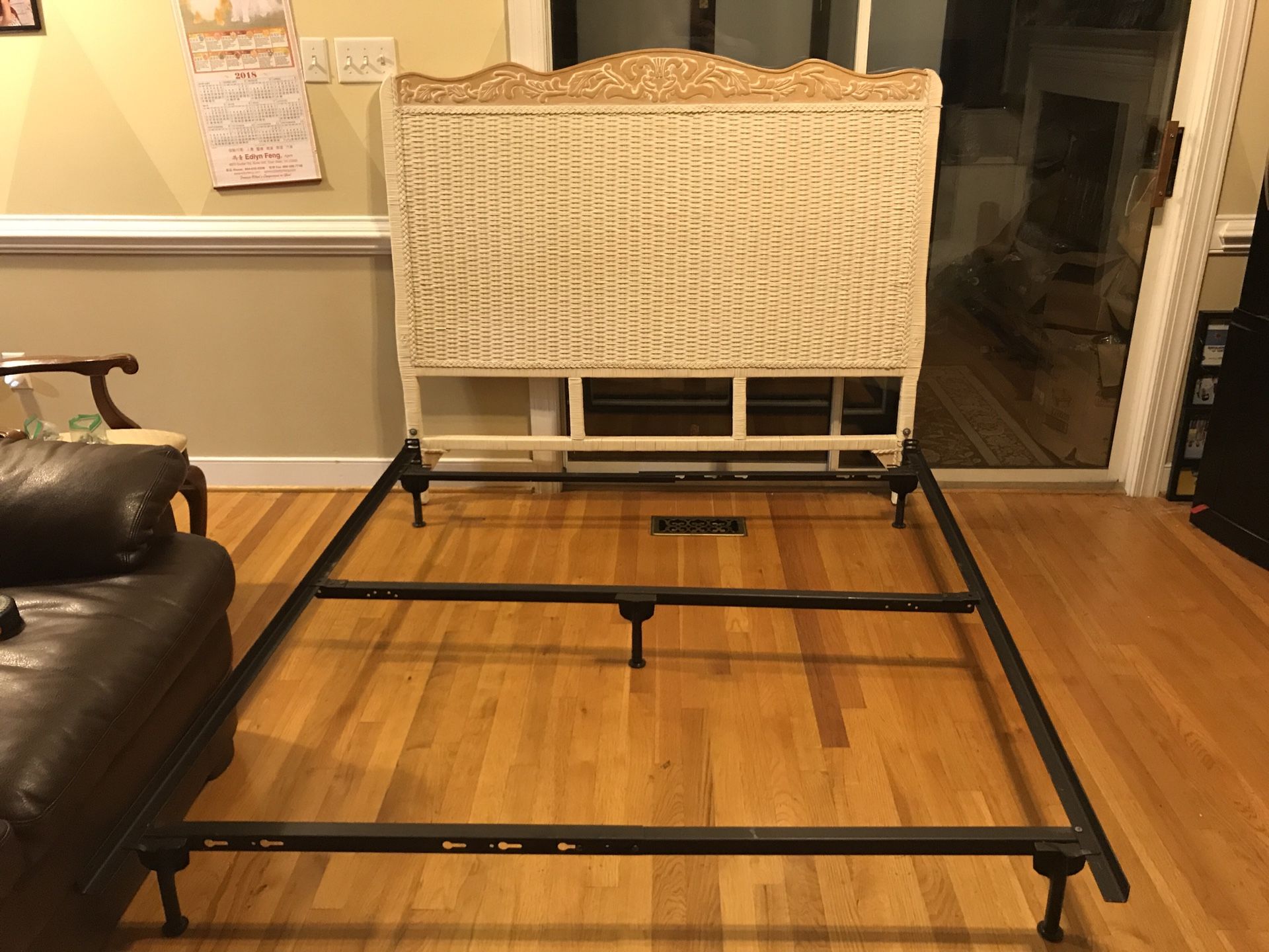 Wicker queen size headboard and metal bed frame