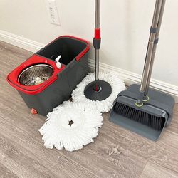(NEW) $30 Combo Set, Broom Dustpan and Spin Mop Extended Handle w/ 2pc Microfiber Replacements