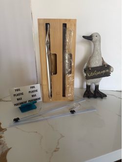 2-in-1 Long Wrap Dispenser W Cutter Bamboo Organizer for Plastic Wrap & Aluminum Foil or bags