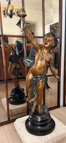 Large Bronze Statue / Sculpture Cherub holding Torch
