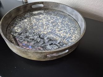 Decorative Glass And Wood Tray 16 Inches Diameter