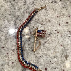 Vintage Red White Blue Americana Sparkly Rhinestone Bracelet And Flag Brooch
