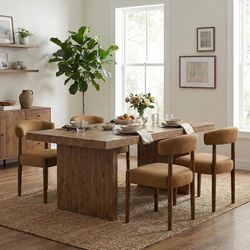 Wooden Dining Chairs Set of 4 with Walnut Wood Legs and Curved Back Mid Century Modern Upholstered Dining Room Chairs with Faux Mohair Fabric, Kitchen