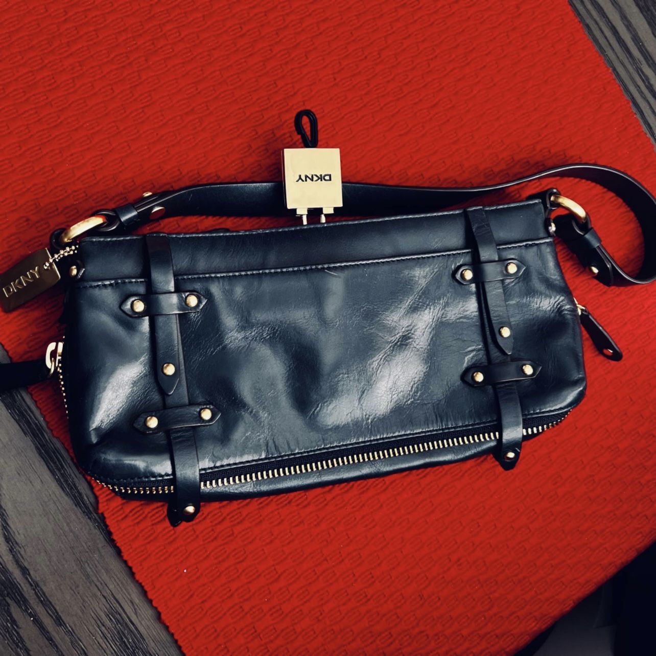 Vintage DKNY Donna Karan Small Black Leather Clutch Bag with Gold Detailing