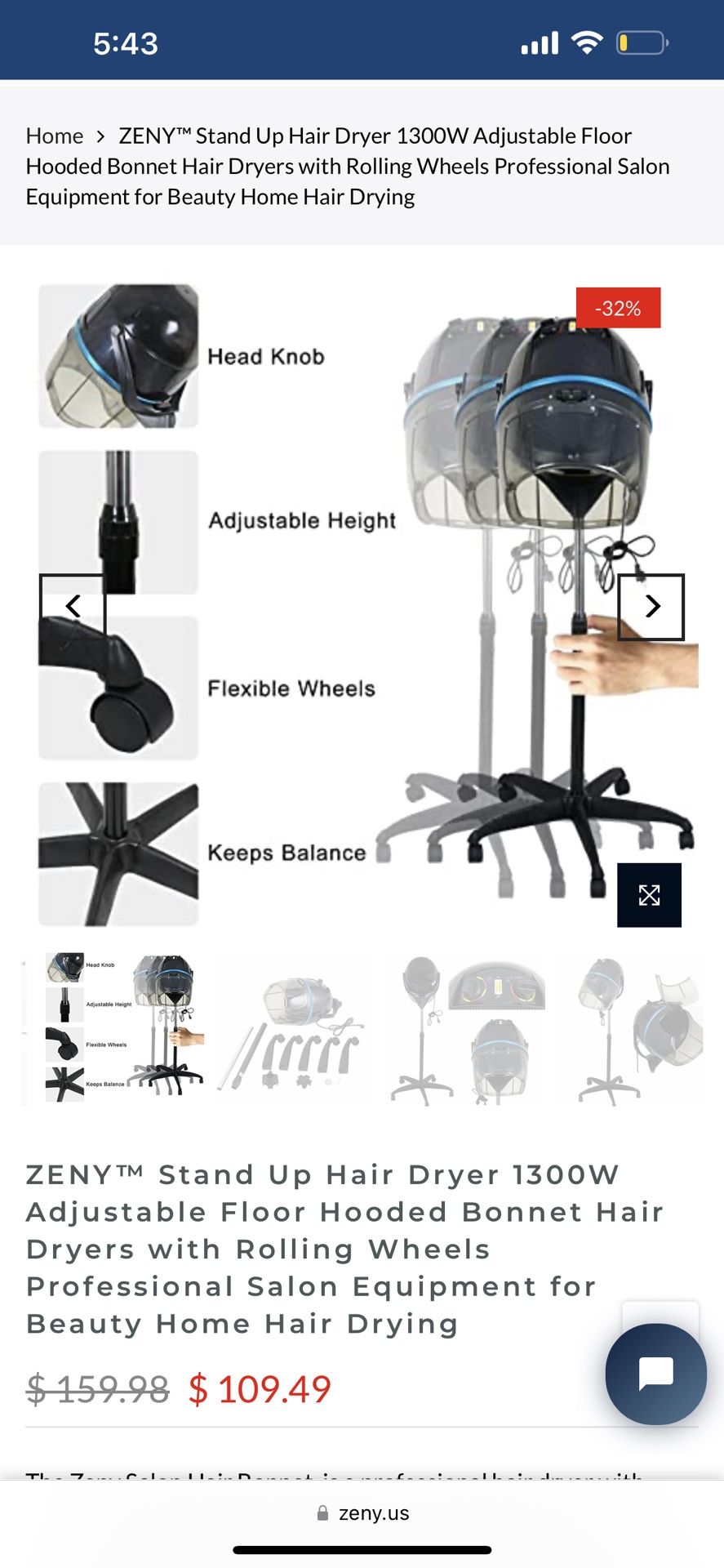 Professional Adjustable Hood Floor Stand Bonnet Hair Dryer, 1300