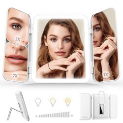 Sejoy Travel Makeup Vanity Mirror, 64 LED Lighted Makeup Mirror with 1X 3X 7X Magnification, Tri-Fold Portable Magnifying Mirror with Touch Sensor 3 C