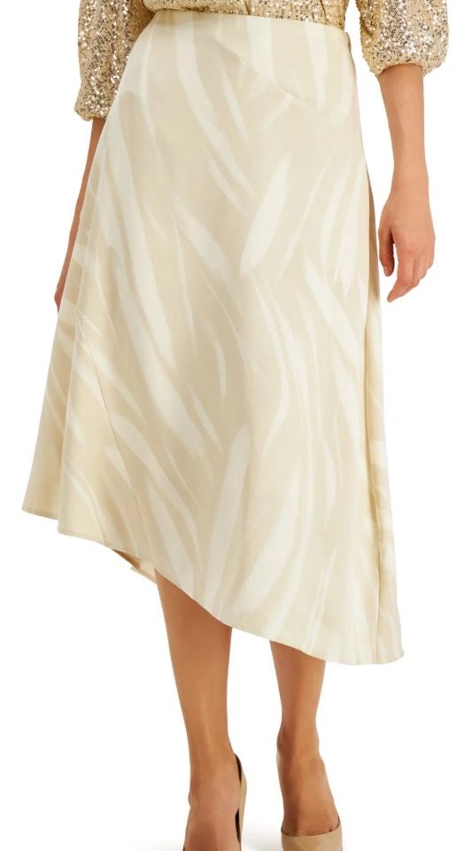 ALFANI Womens Beige Zippered Asymmetric Hem Printed Midi Wear