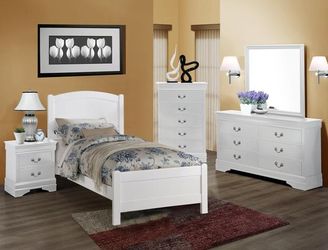 Brand new white or cherry twin bed frame + dresser + mirror + nightstand