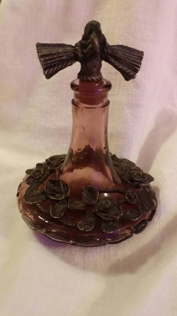 Antique Amethyst Glass Adorned with Brass Roses Perfume Bottle