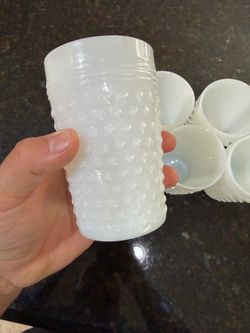 8 Vintage Anchor Hocking Milk Glass Hobnail Drinking Glasses