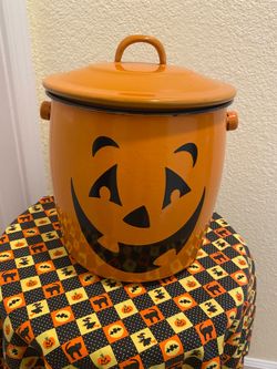 Vintage Hallmark Pumpkin Halloween Enamel Bucket Pail With Lid Missing Handle