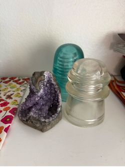 Two vintage glass line insulators & a natural amethyst geode crystal